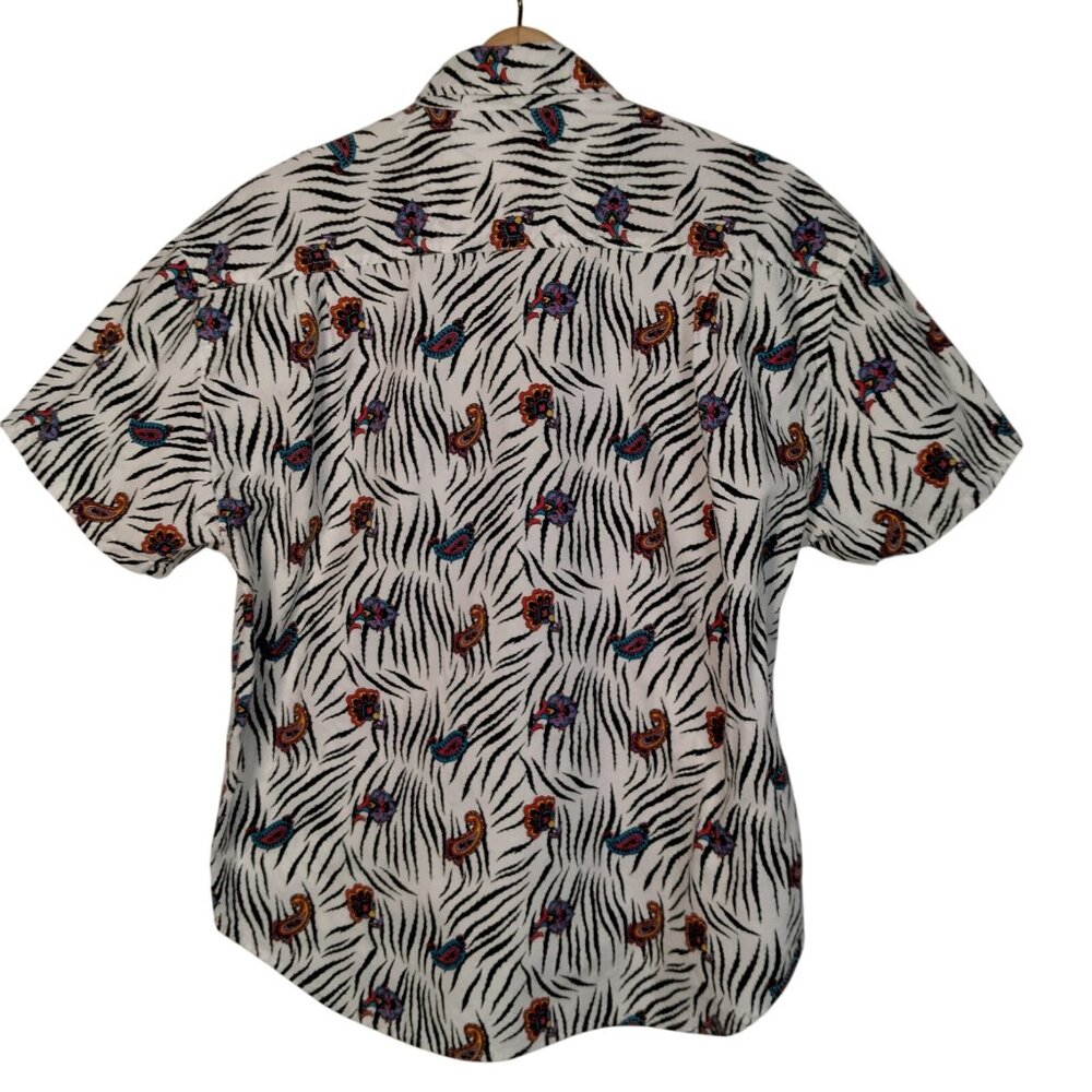 Vintage 1980s Khazana Blouse Shirt Medium Zebra Print Paisley Safari Short Slv - Picture 2 of 13